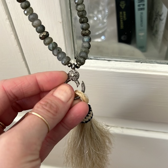 Opal and pyrite long silver diamond clasp horsehair charm tassel necklace - Picture 8 of 17